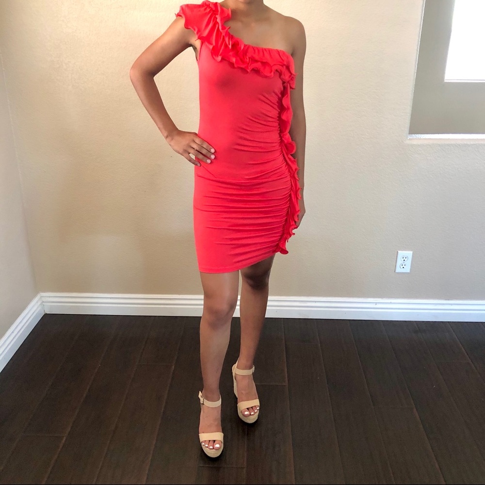 Bright Coral One Shoulder Mini Dress